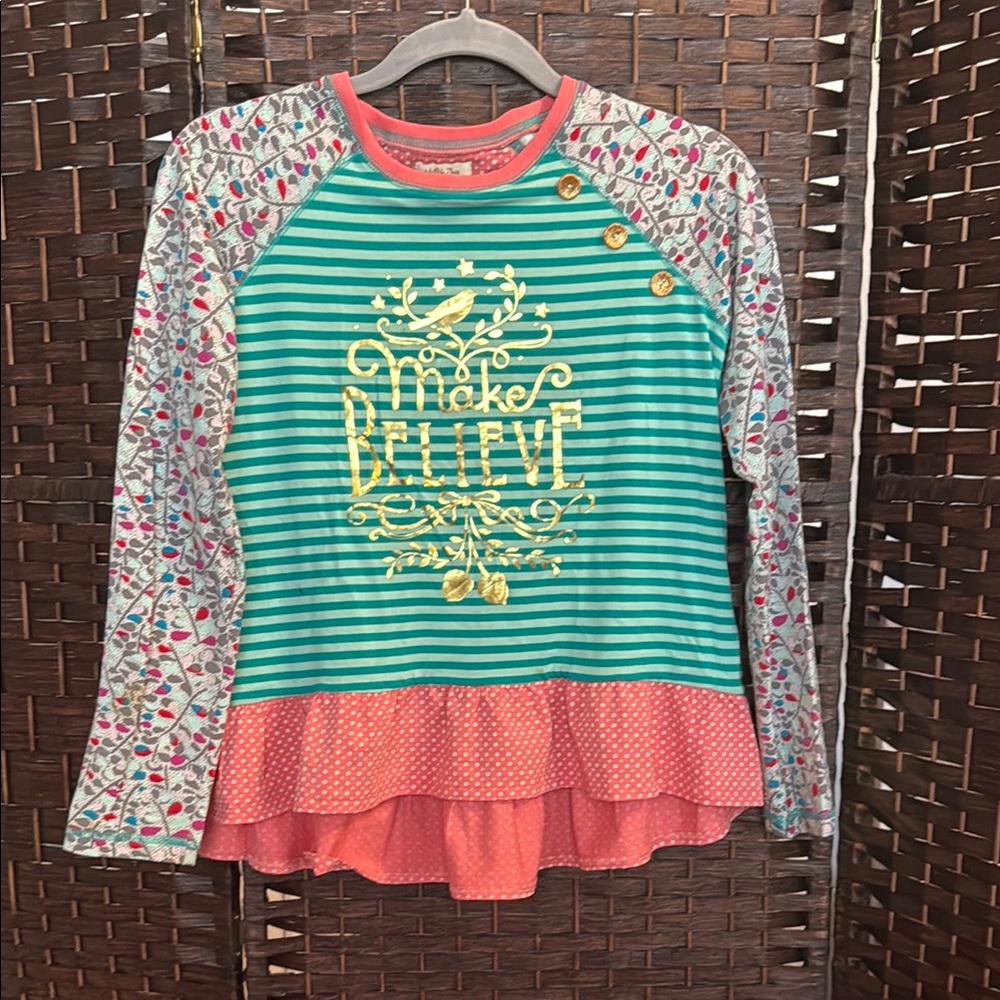 Matilda Jane Make Believe bird Tee with stripes holiday line EUC SZ 14 girls